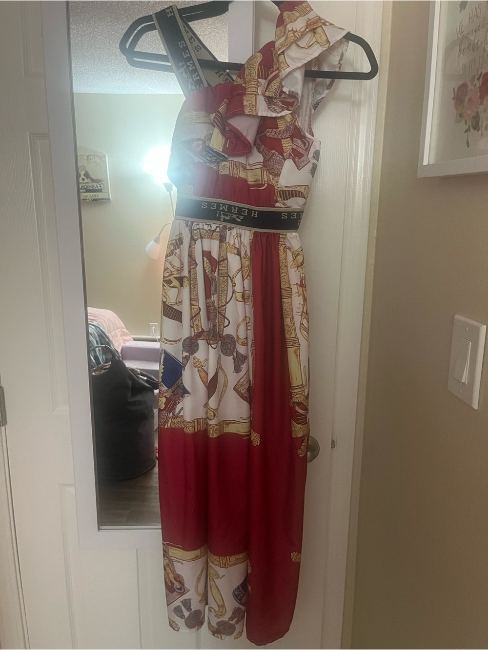 Red & White One-Shoulder Midi Dress